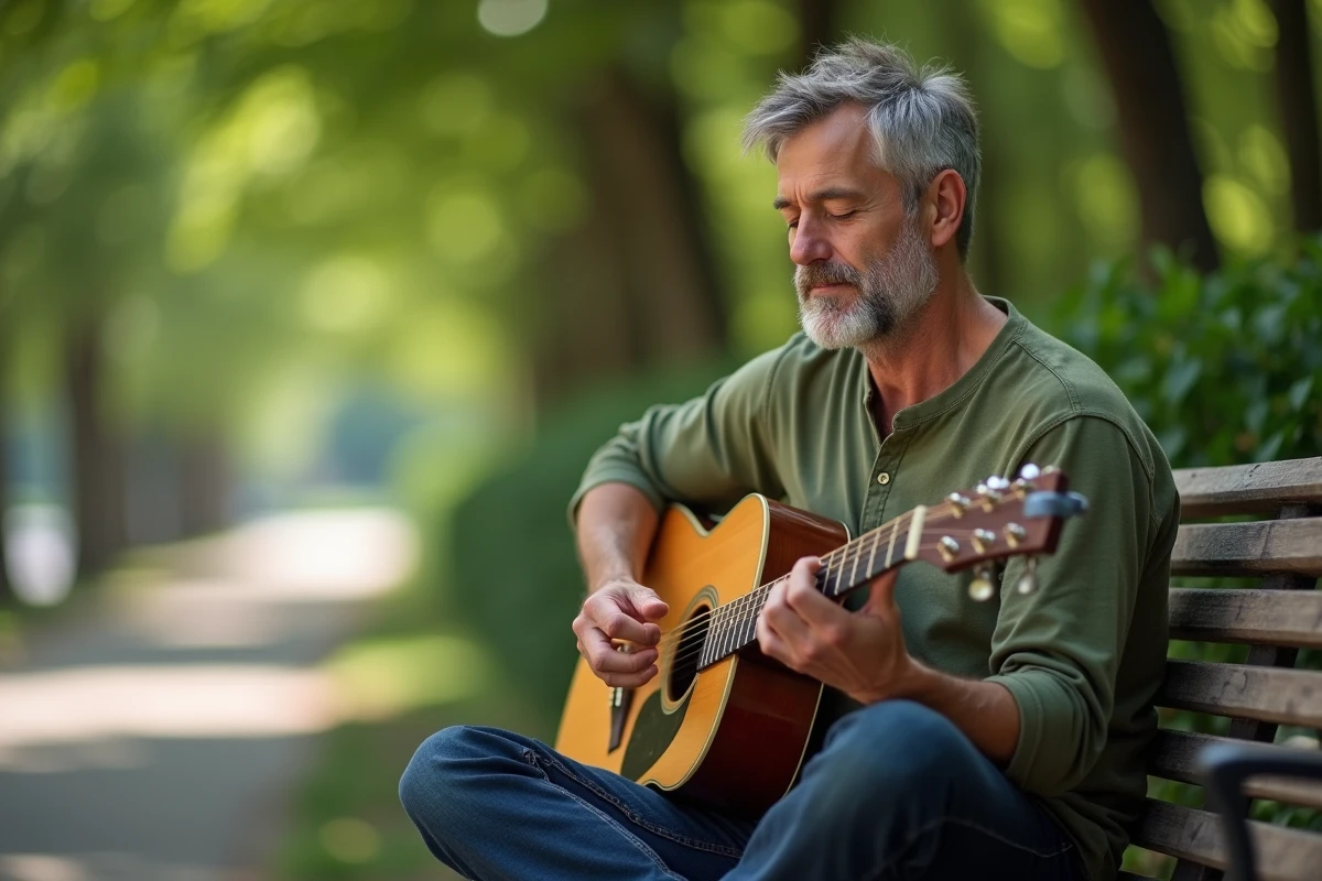 Homme jouant de la guitare acoustique avec un capodastre au cinquième fret, assis sur un banc dans un parc urbain