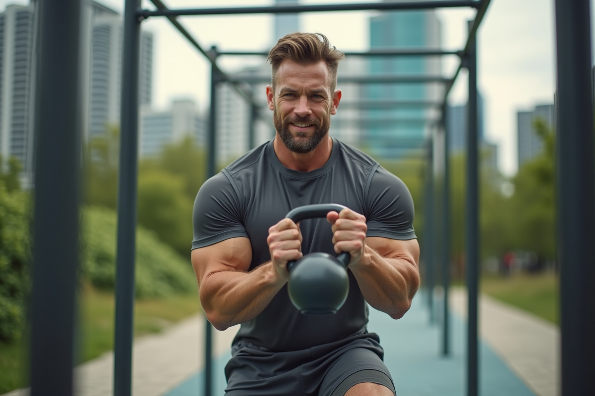 Homme musclé avec kettlebell en extérieur dans un parc