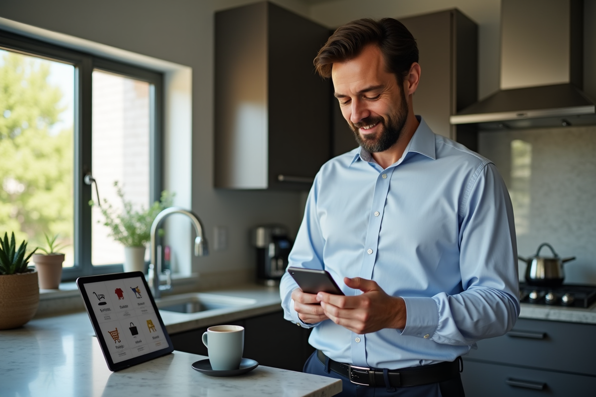 Homme en cuisine regardant son smartphone pour ses achats
