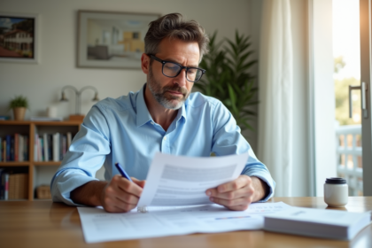 Homme d'âge moyen lisant des documents immobiliers dans un appartement lumineux