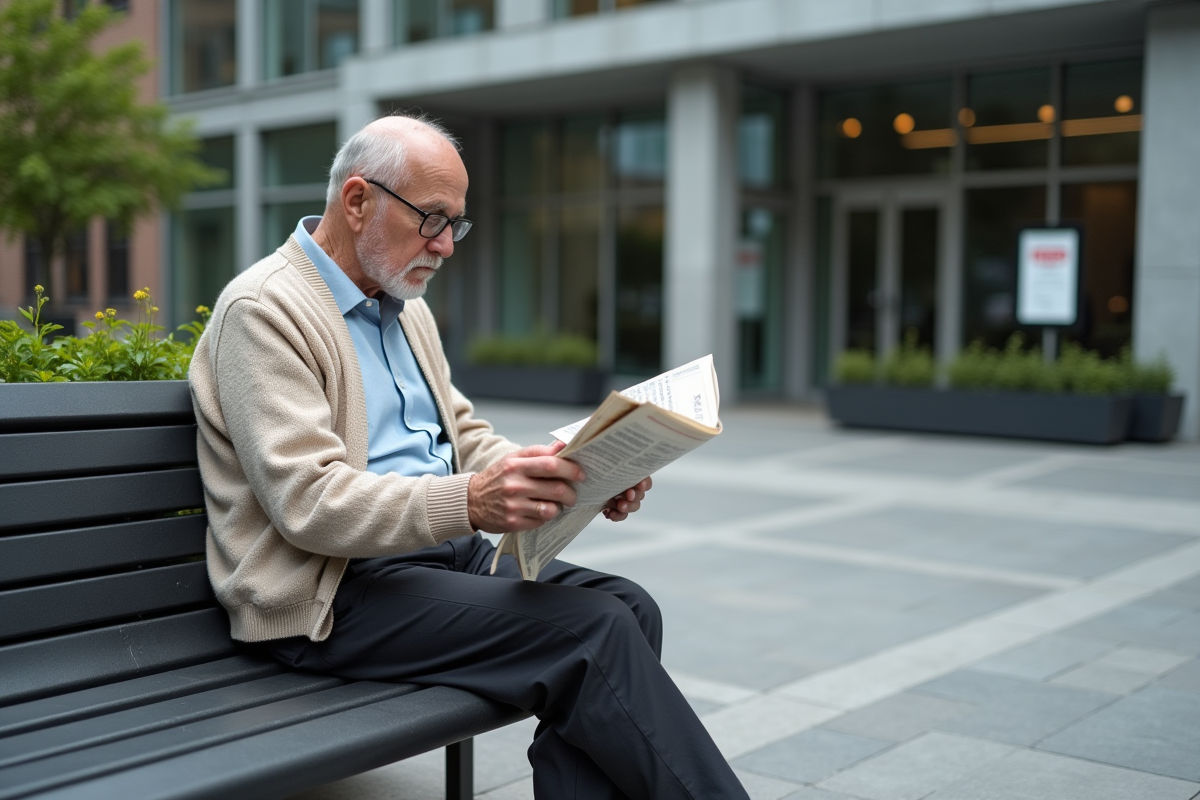 Homme âgé lisant un journal devant la mairie rénovée