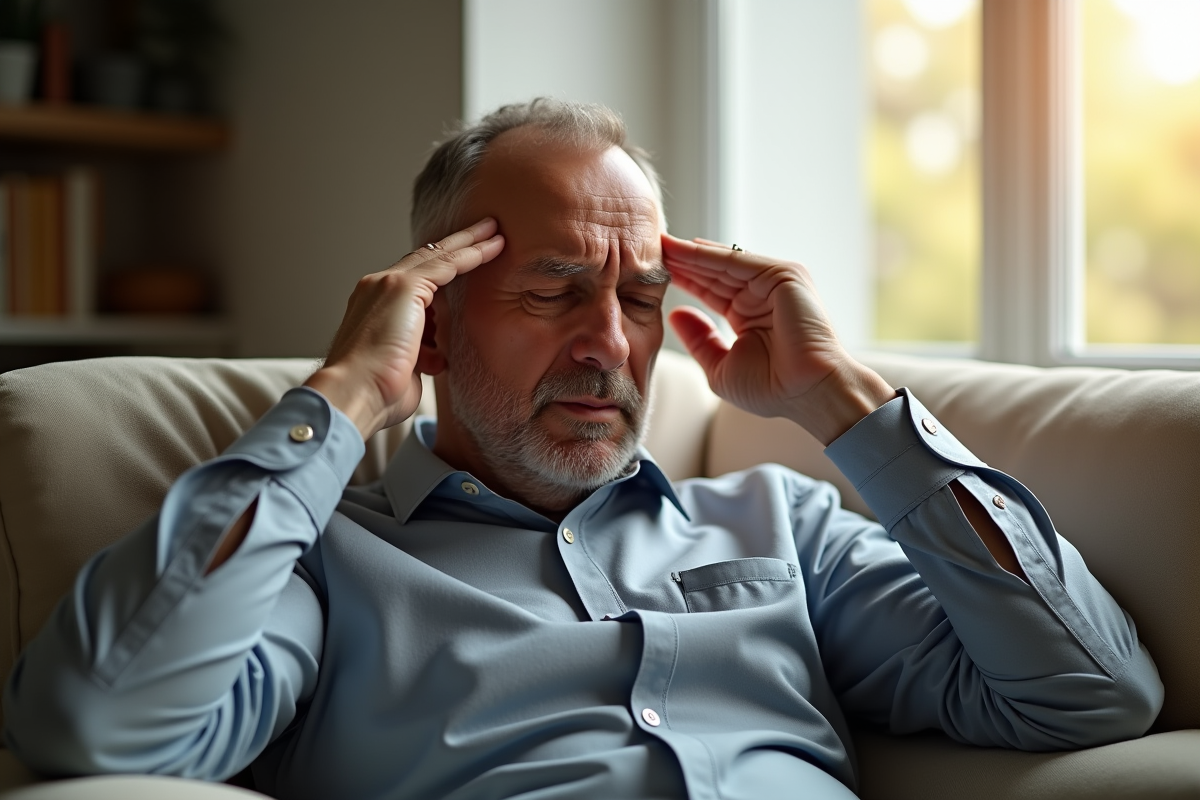 Homme souffrant de migraine dans un salon en lumière naturelle