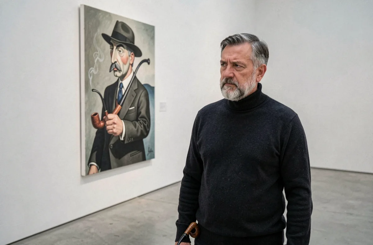 Homme contemplatif tenant une pipe devant la reproduction du tableau de Magritte 'Ceci n'est pas une pipe' dans une galerie d'art moderne