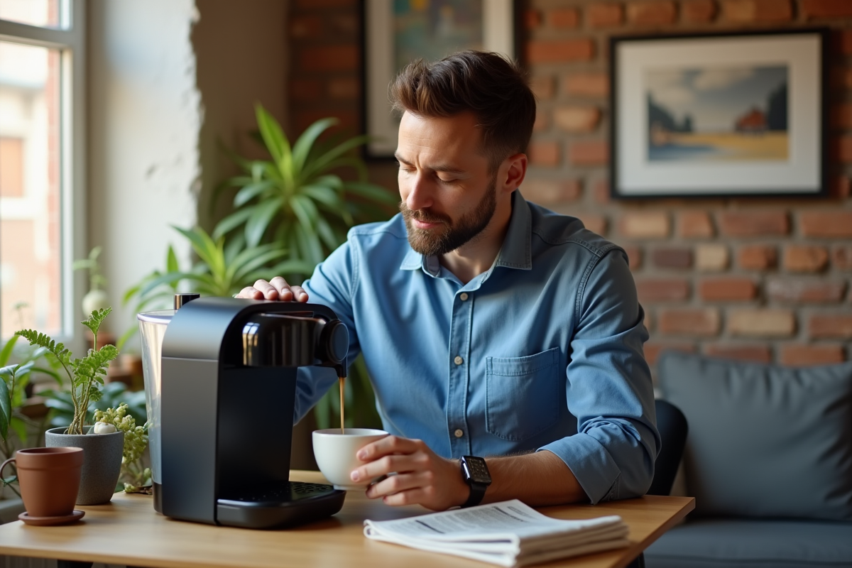 Homme versant sa première tasse de café dans un cadre cosy