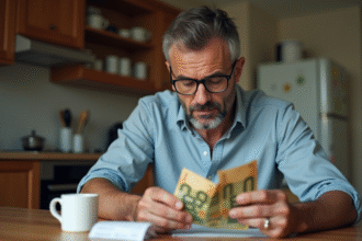 Homme d'âge moyen réfléchissant à des billets de banque dans la cuisine