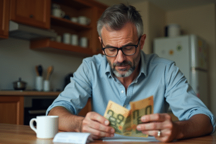 Homme d'âge moyen réfléchissant à des billets de banque dans la cuisine