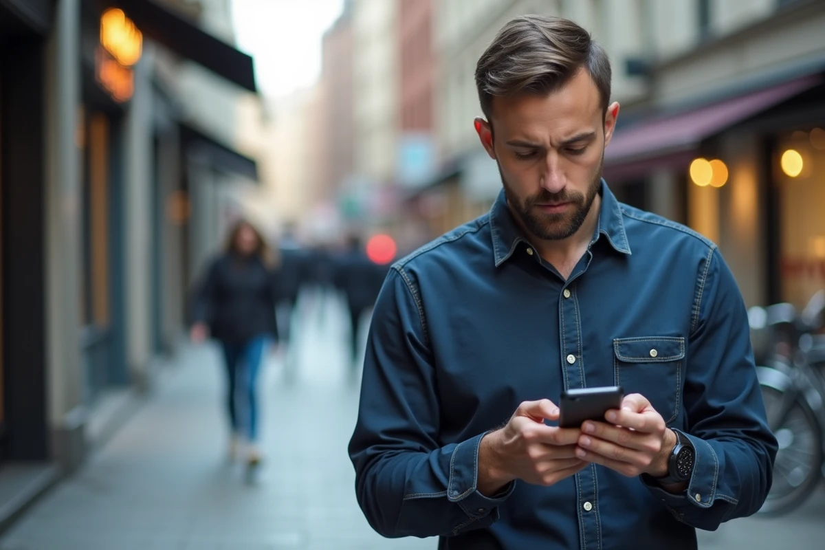 Homme utilisant son smartphone en plein air pour accéder à un lien mobile dans une rue urbaine