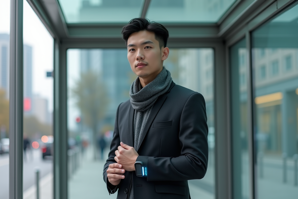 Homme ajustant un dispositif tech en extérieur urbain