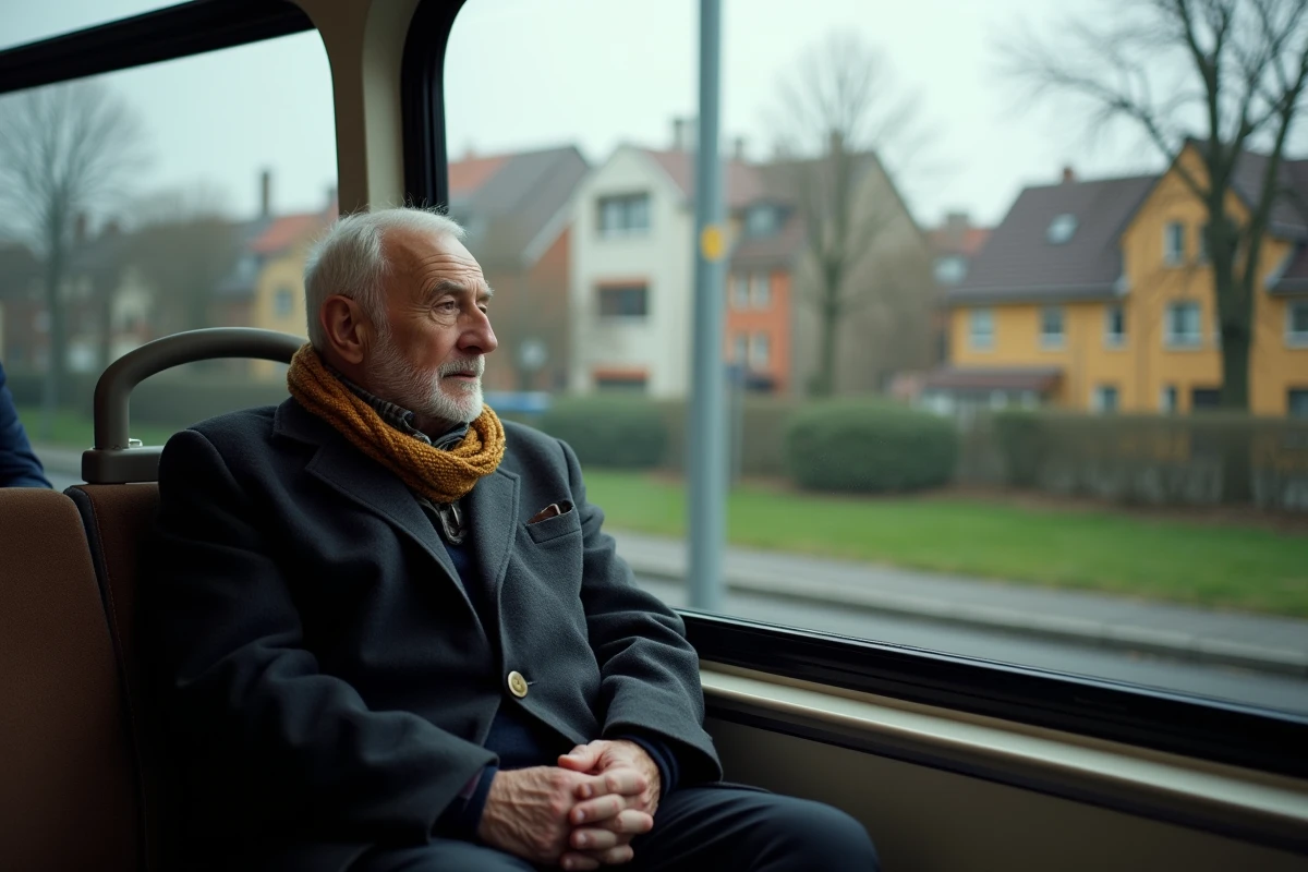 Homme âgé dans un tram avec paysage urbain en arrière-plan