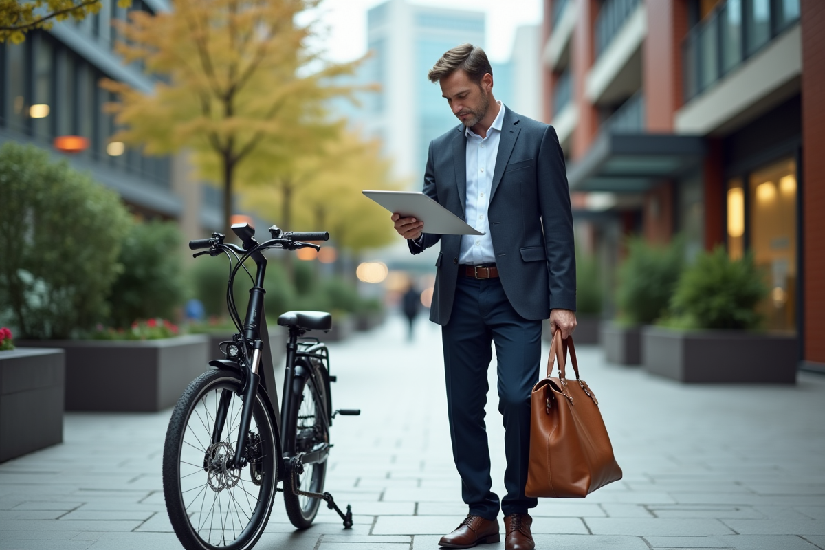 Homme d affaires avec vélo électrique en ville