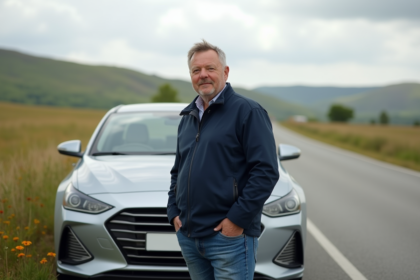 Homme en veste navy et jeans à côté d'une voiture moderne