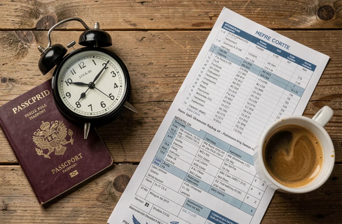 Vue aérienne d'une horloge affichant 22h00 avec un passeport français et un planning de vols sur une table en bois