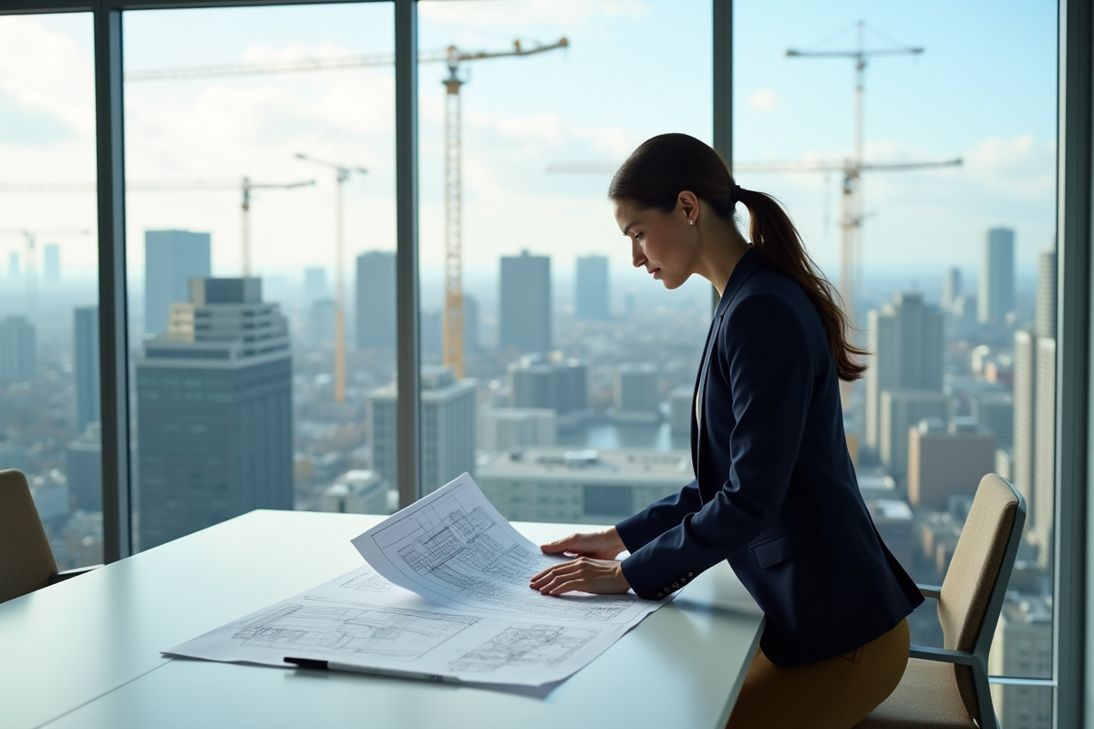 Ingénieure en urbanisme examinant plans dans un bureau moderne