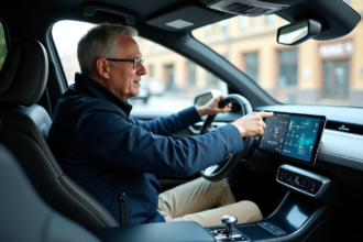 Ingénieur homme pointant tableau de bord voiture autonome