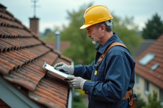 Ouvrier inspectant un vieux toit en amiante en banlieue