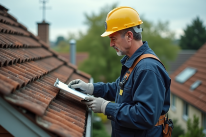 Ouvrier inspectant un vieux toit en amiante en banlieue