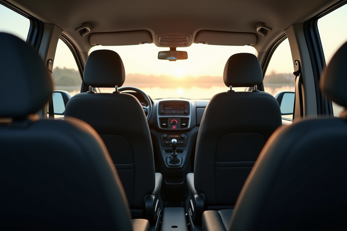 Intérieur spacieux du Peugeot Partner vue depuis le siège arrière