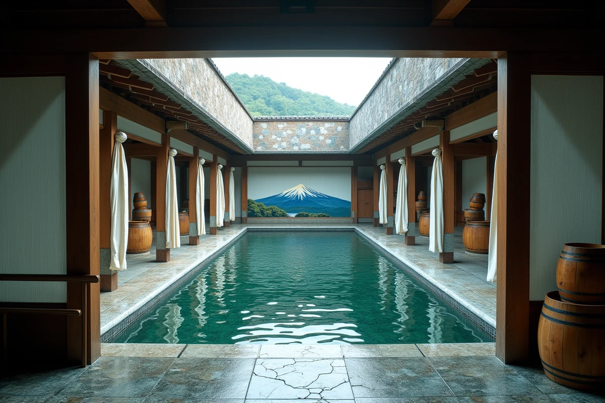Intérieur d'un sento japonais avec piscine thermale carrelée et décor traditionnel Mont Fuji