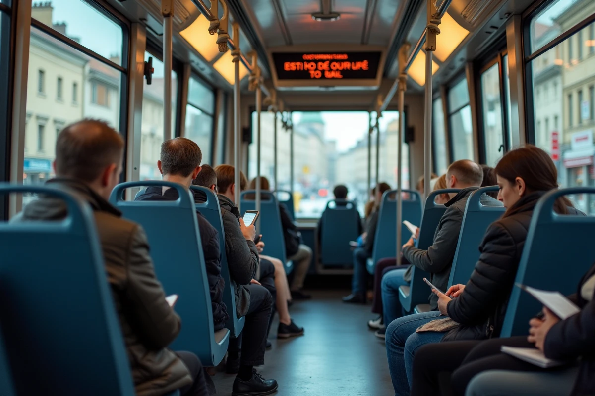Intérieur d'un tramway nantais avec des voyageurs assis pendant un trajet en journée