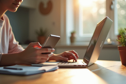 Jeune adulte gérant ses finances avec un laptop et smartphone