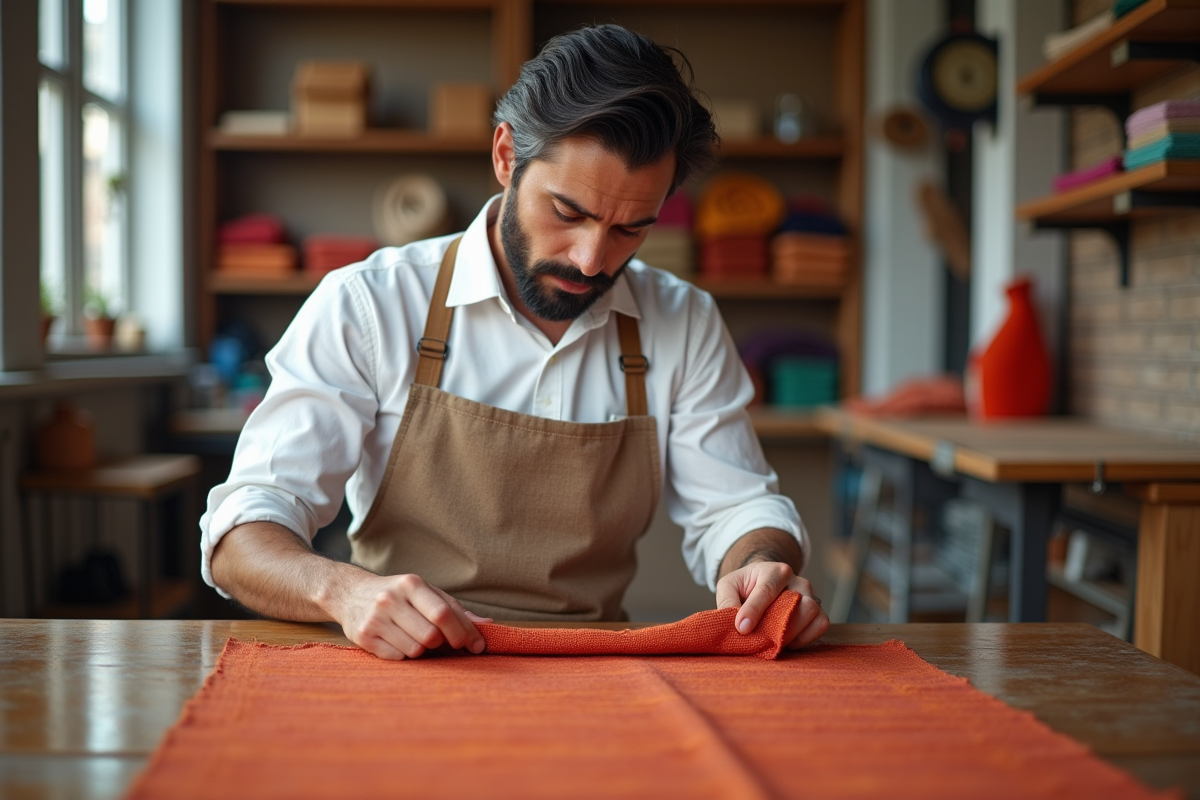 Jeune artisan textile examinant un tissu coloré dans son atelier