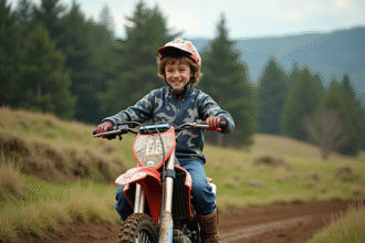 Jeune garçon motocross souriant sur sa moto en extérieur