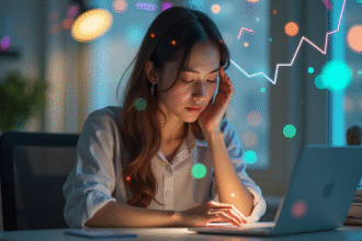 Jeune femme assise avec aura lumineuse et lumières colorées