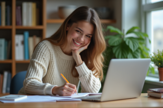 Jeune femme au bureau à domicile en sweater écrivant