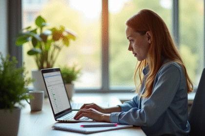 Jeune femme professionnelle travaillant sur un laptop près d'une fenêtre ensoleillée