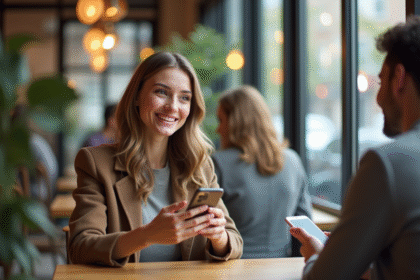 Jeune femme au café utilisant une application de traduction