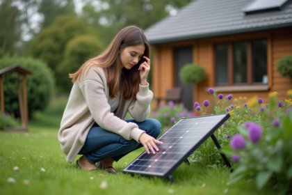 Jeune femme inspectant un panneau solaire dans un jardin vert