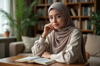 Jeune femme en hijab lisant un livre Duae Istikhara