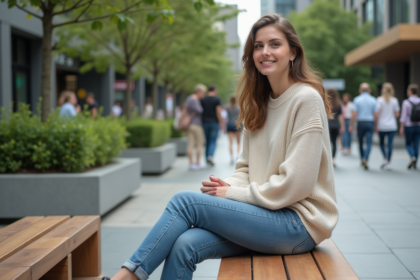 Jeune femme assise sur un banc dans une place urbaine animée