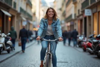 Jeune femme à vélo dans une rue urbaine européenne