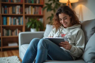 Jeune femme lisant un webtoon sur tablette dans un salon cosy