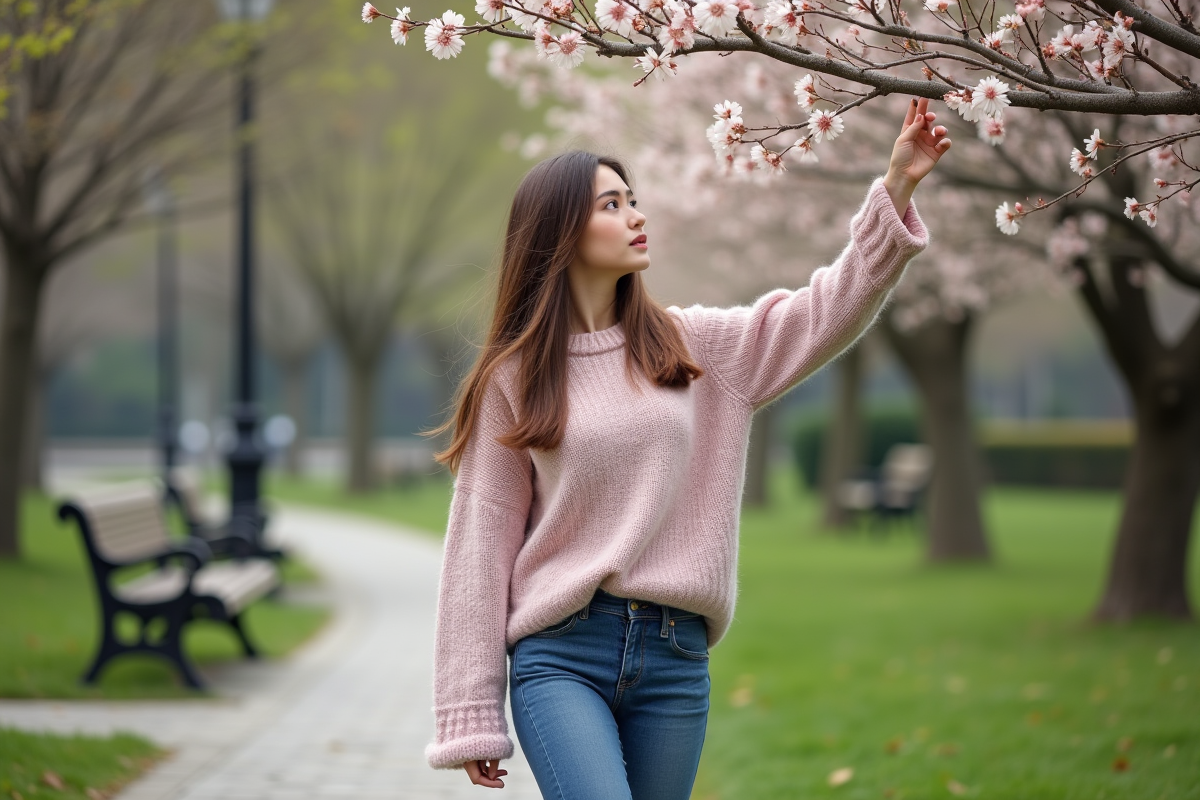 Jeune femme dans un parc touchant un arbre en fleurs