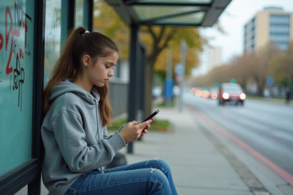 Jeune fille en jean et hoodie à un arrêt de bus en ville