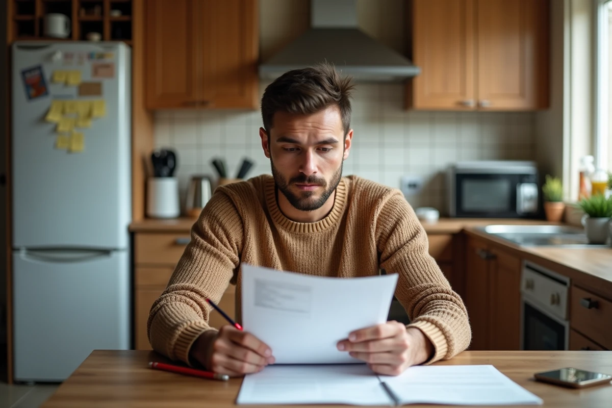 Jeune homme concentré lisant un document dans une cuisine lumineuse