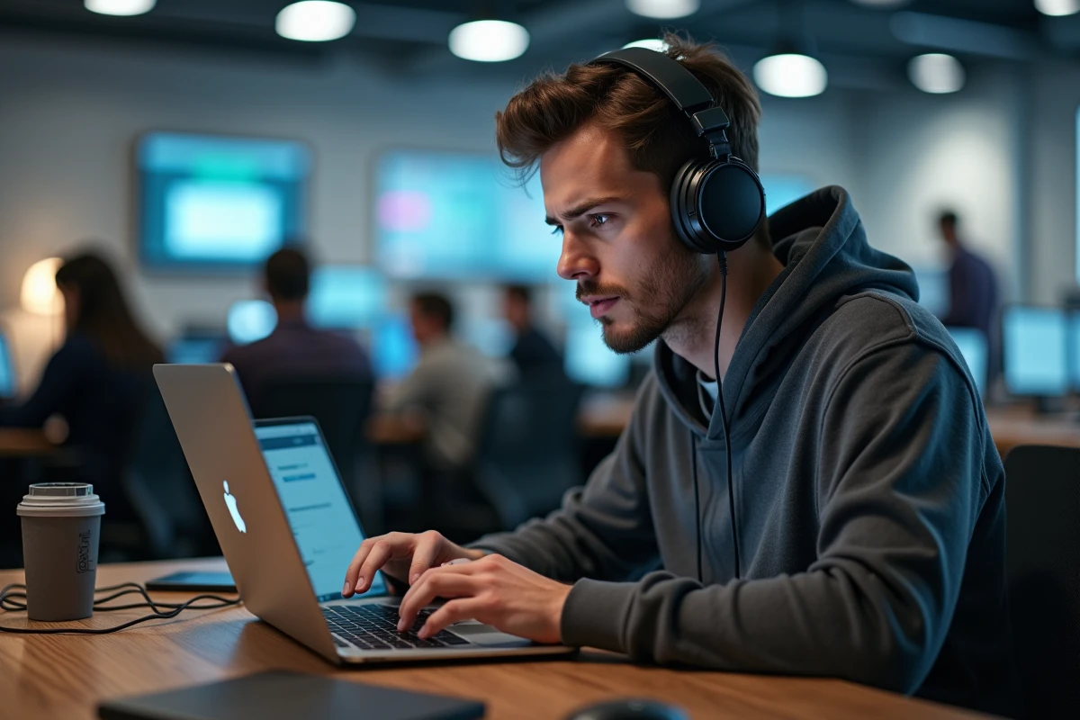 Jeune homme au bureau avec avertissement de connexion internet