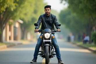 Jeune homme sur une moto Benda Avenger 125 en rue calme