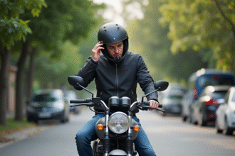 Jeune homme ajustant son casque sur sa moto en extérieur