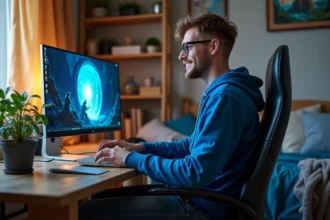 Jeune homme concentré devant un ordinateur avec interface fantasy