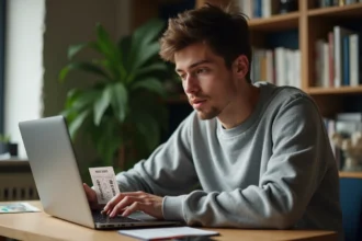 Jeune homme vérifiant un code Pokémon TCG sur son ordinateur