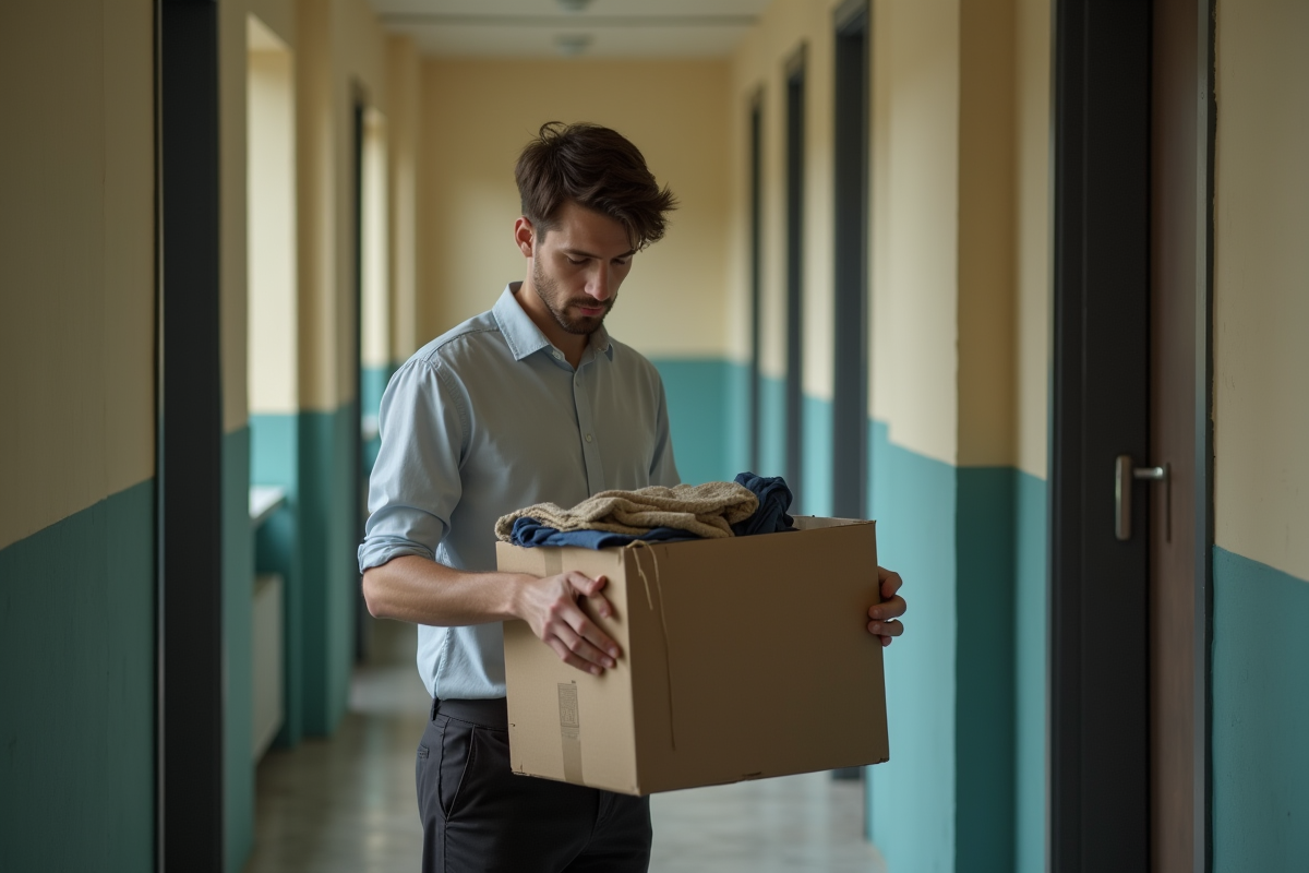 Jeune homme emballant des affaires dans un couloir urbain
