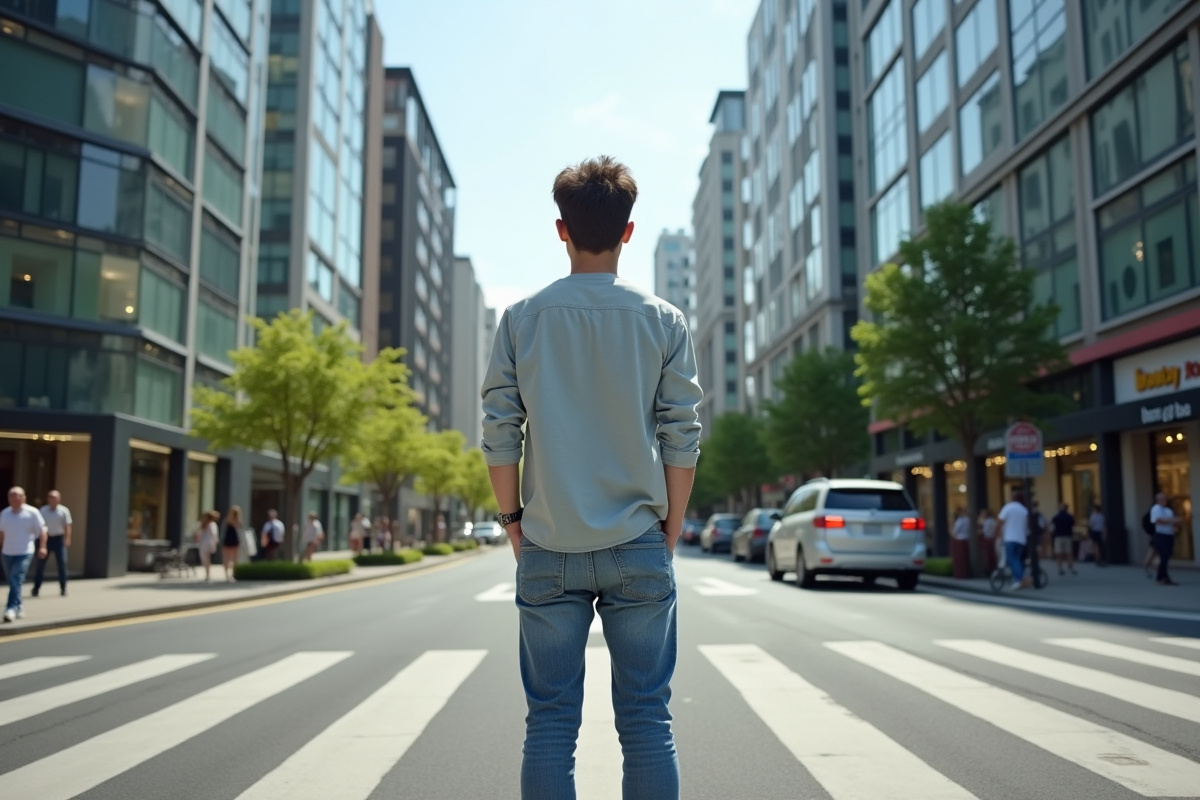 Jeune homme dans la rue au milieu de l urbanisme animé