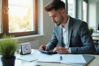 Jeune professionnel au bureau calculant avec une calculatrice et vérifiant des papiers