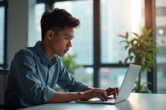Jeune professionnel lisant un blog tech sur un ordinateur moderne
