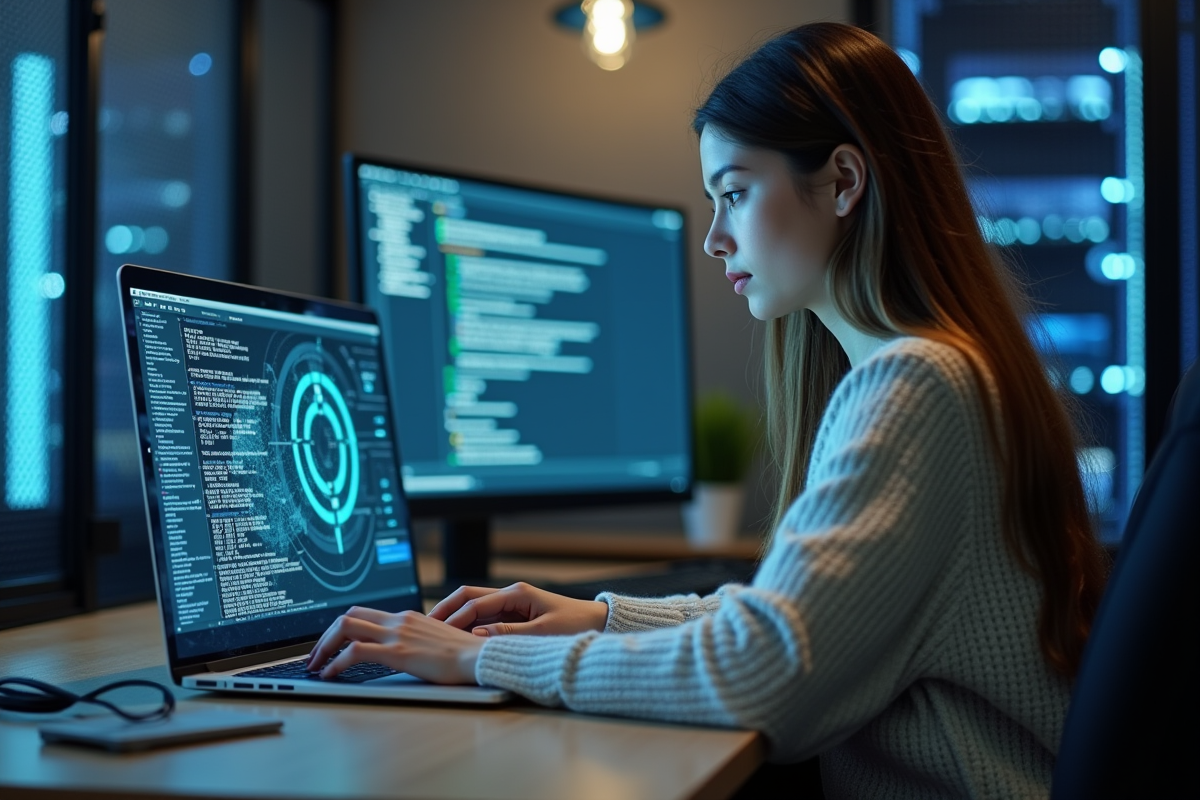 Jeune femme professionnelle informatique tapant sur un ordinateur