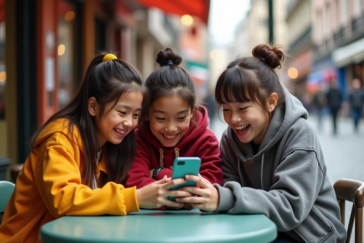 Groupe d adolescents discutant d un webtoon en extérieur