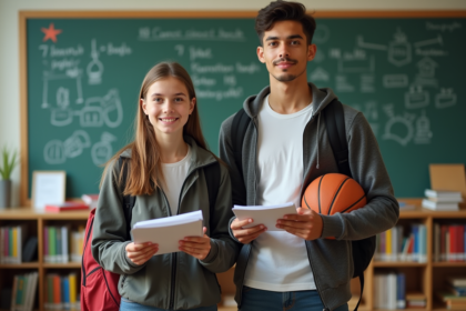 Deux adolescents en uniforme scolaire dans une salle de classe